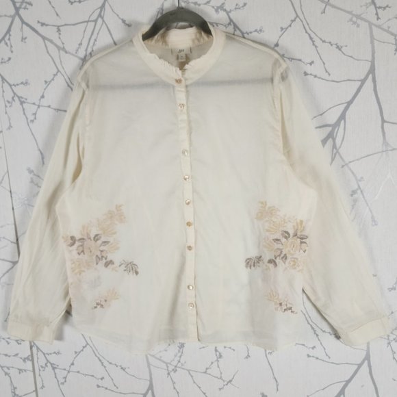 J. Jill White Ivory Cotton Floral Embroidered Sheer Button Up Shirt - Picture 8 of 8